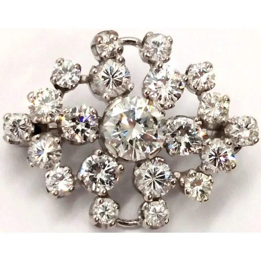 Elegant Vintage Mid-Century Diamond 14K White Gold Pin Brooch Diamond Cluster